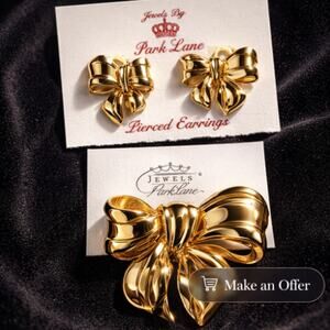 Vintage Park Lane Gold Tone Bow Ribbon Brooch/ Pin & Pierced Earring Set NOS NEW